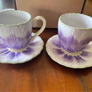 Longaberger Pottery Teacups And Saucers (2) Purple Crocus Flowers